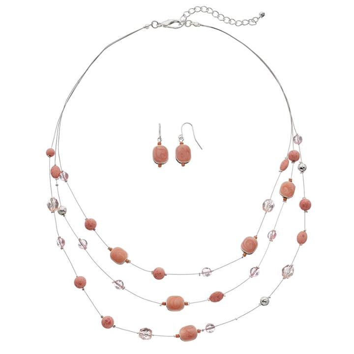 Peach Swirling Geometric Illusion Necklace & Drop Earring Set, Women's, Pink Other