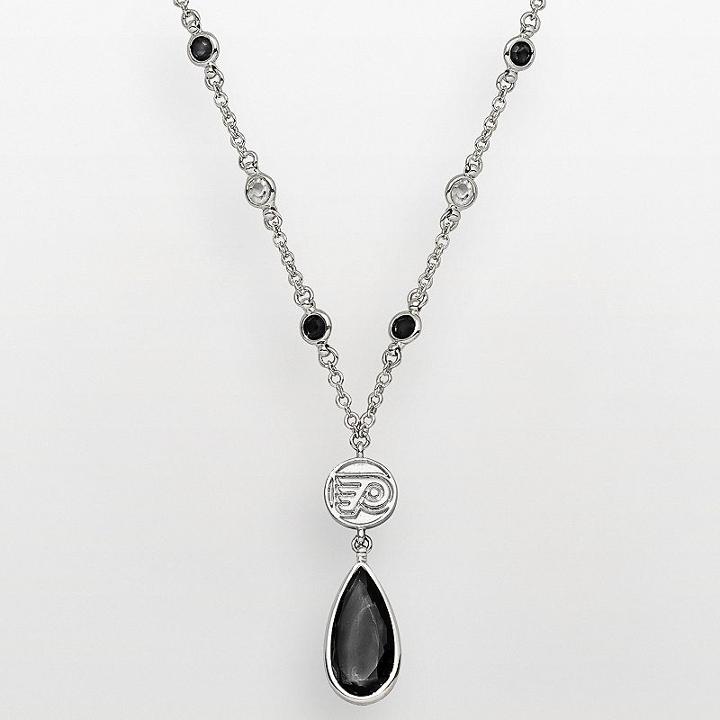 Logoart Philadelphia Flyers Silver Tone Crystal Logo Teardrop Y Necklace, Women's, Black