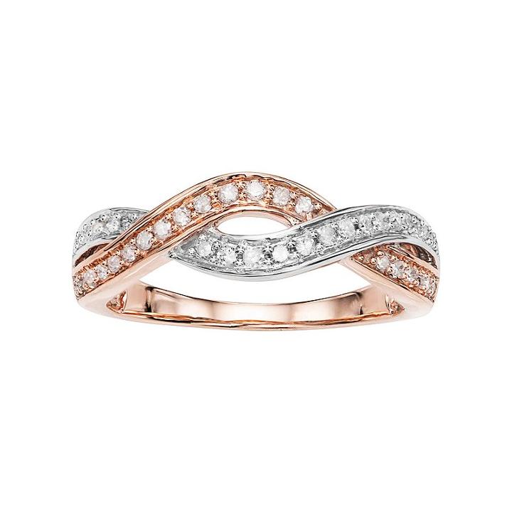 Two Tone 10k Rose Gold 1/4 Carat T.w. Diamond Crisscross Ring, Women's, Size: 6, White