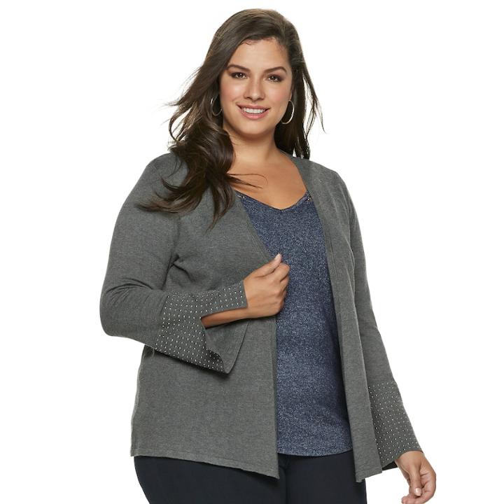 Plus Size Jennifer Lopez Studded Cuff Open-front Cardigan, Women's, Size: 3xl, Dark Grey