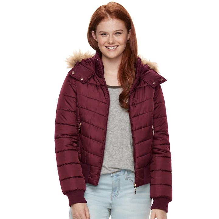 Juniors' J-2 Hooded Puffer Bomber Jacket, Teens, Size: Medium, Dark Red