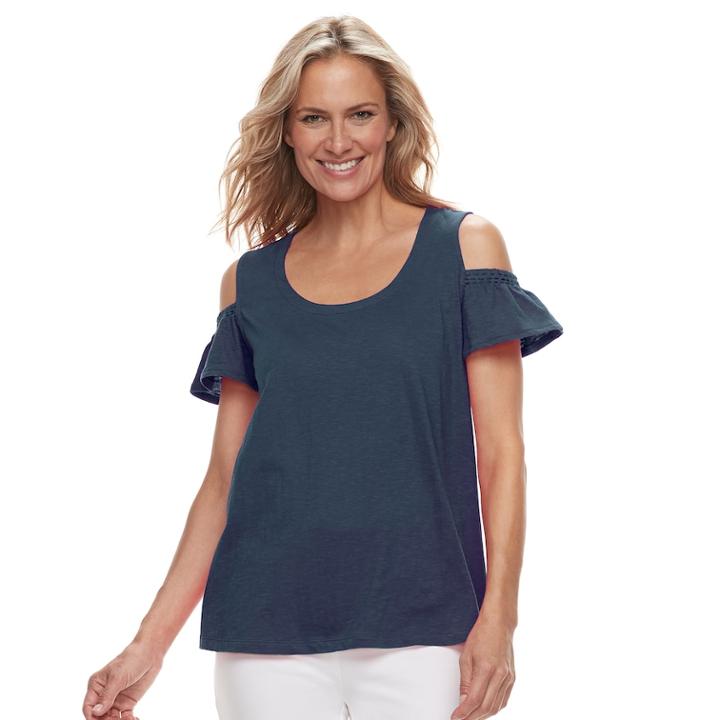 Women's Caribbean Joe Flutter Cold-shoulder Tee, Size: Medium, Dark Blue
