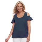 Women's Caribbean Joe Flutter Cold-shoulder Tee, Size: Medium, Dark Blue