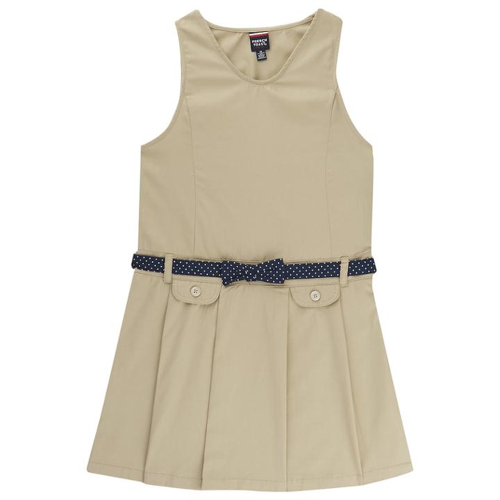 Girls 4-14 French Toast School Uniform Bow Belted Jumper, Size: 14, Beig/green (beig/khaki)