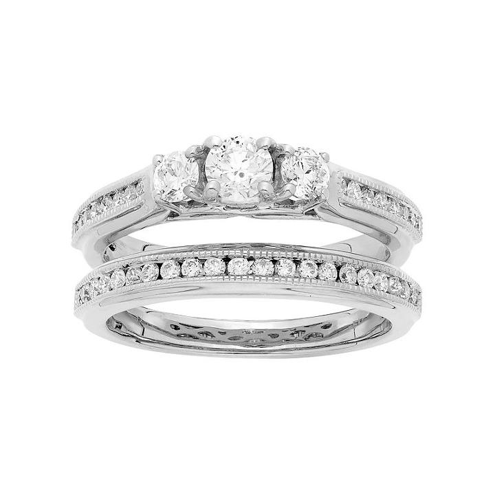 14k White Gold 1 Carat T.w. Igl Certified Diamond 3-stone Engagement Ring Set, Women's, Size: 8.50