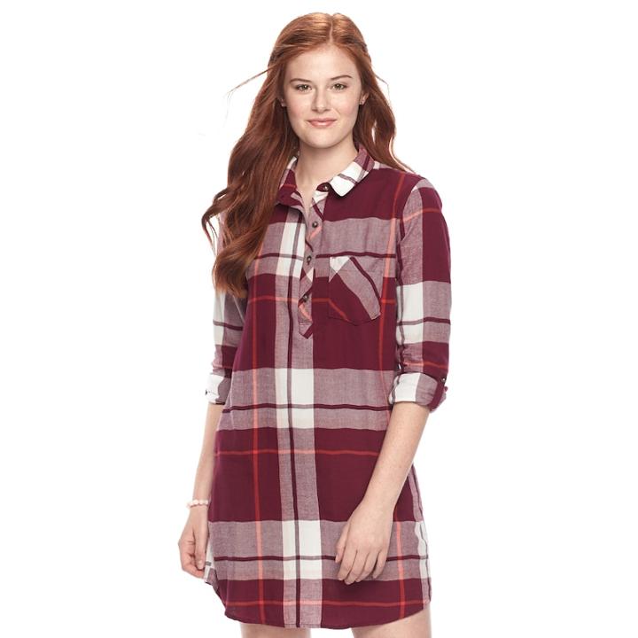 Juniors' So&reg; Plaid Shirt Dress, Teens, Size: Small, Light Red