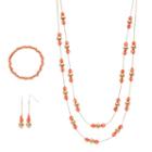 Peach Bead Double Strand Necklace, Stretch Bracelet & Linear Earring Set, Women's, Brt Pink