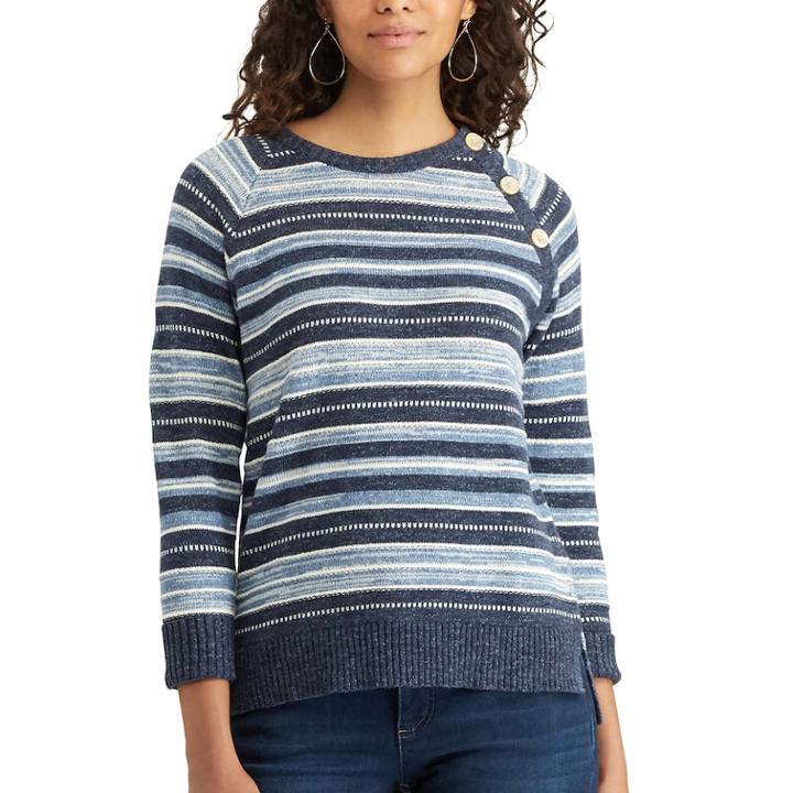 Petite Chaps Striped Button-shoulder Sweater, Women's, Size: Xl Petite, Blue (navy)