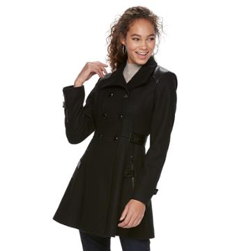 Women's Lnr Fashion Styles Wool-blend Faux-leather Accent Peacoat, Size: Medium, Black