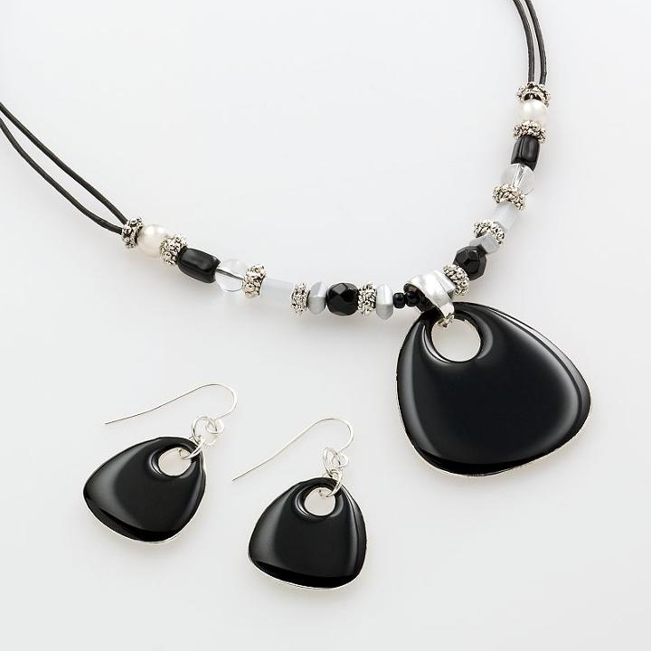 Silver Tone Pendant And Drop Earring Set, Women's, Black