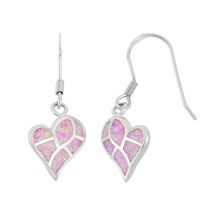 Sterling Silver Lab-created Pink Opal Heart Drop Earrings, Women's