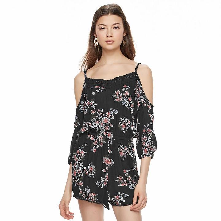 Juniors' Mudd&reg; Crochet Cold Shoulder Romper, Girl's, Size: Small, Black
