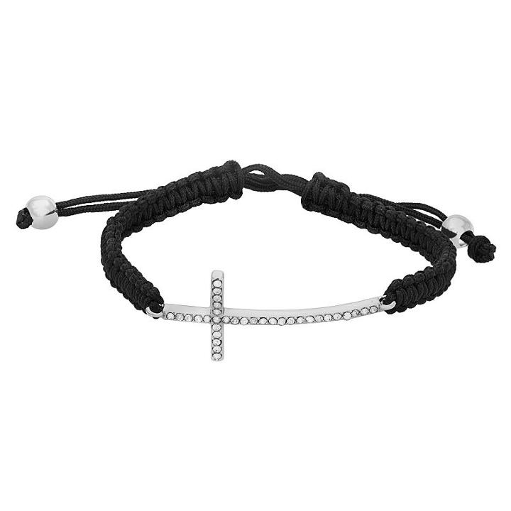 Silver-plated Crystal Sideways Cross Woven Slipknot Bracelet, Women's, Size: 9, White