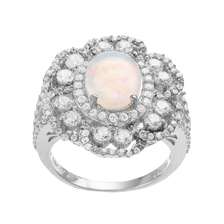 Sophie Miller Sterling Silver Lab-created Opal & Cubic Zirconia Flower Ring, Women's, Size: 8, White