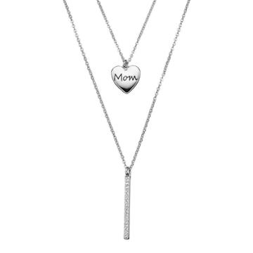 Crystal Collection Crystal Silver-plated Mom Heart & Stick Pendant Necklace Set, Women's, Grey