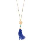 Long Blue Seed Bead Tassel Y Necklace, Women's