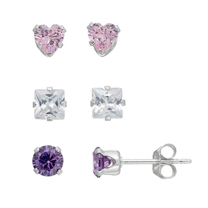 Charming Girl Kids' Cubic Zirconia Stud Earring Set, Pink