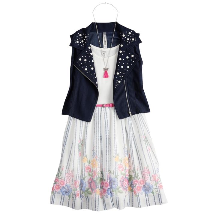Girls 7-16 Beautees Studded Moto Vest & Floral Belted Skater Dress Set With Necklace, Size: 16, Blue (navy)