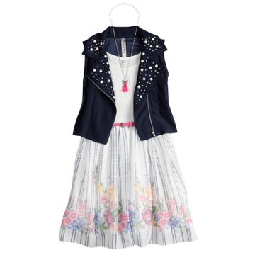 Girls 7-16 Beautees Studded Moto Vest & Floral Belted Skater Dress Set With Necklace, Size: 16, Blue (navy)