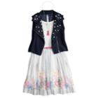Girls 7-16 Beautees Studded Moto Vest & Floral Belted Skater Dress Set With Necklace, Size: 16, Blue (navy)