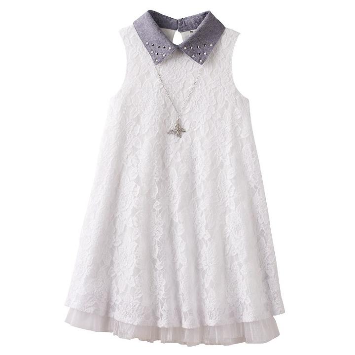 Girls 7-16 Knitworks Embellished Collar Lace Swing Dress With Necklace, Girl's, Size: 10, Natural