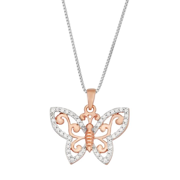 Two Tone Sterling Silver 1/5 Carat T.w. Diamond Butterfly Pendant, Women's, Size: 18, White