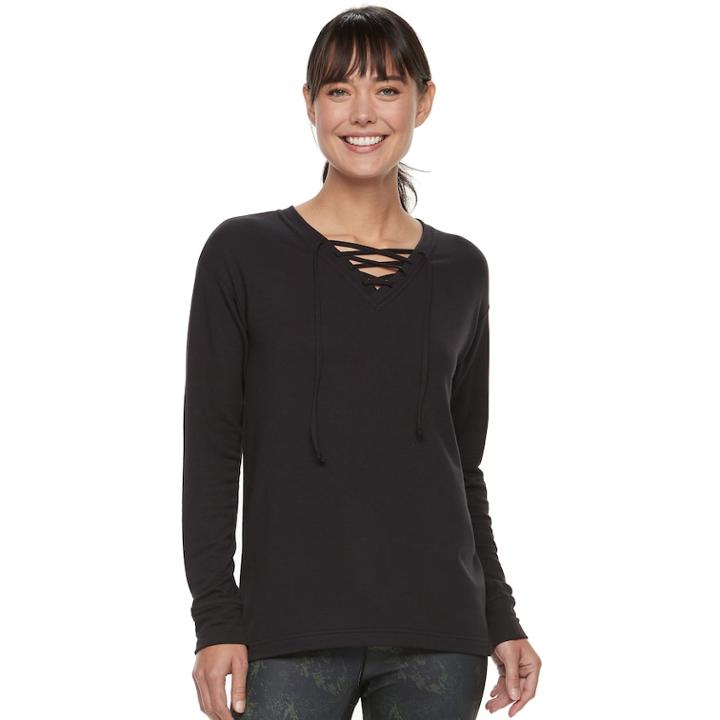 Women's Tek Gear&reg; Lace-up Long Sleeve Top, Size: Medium, Black
