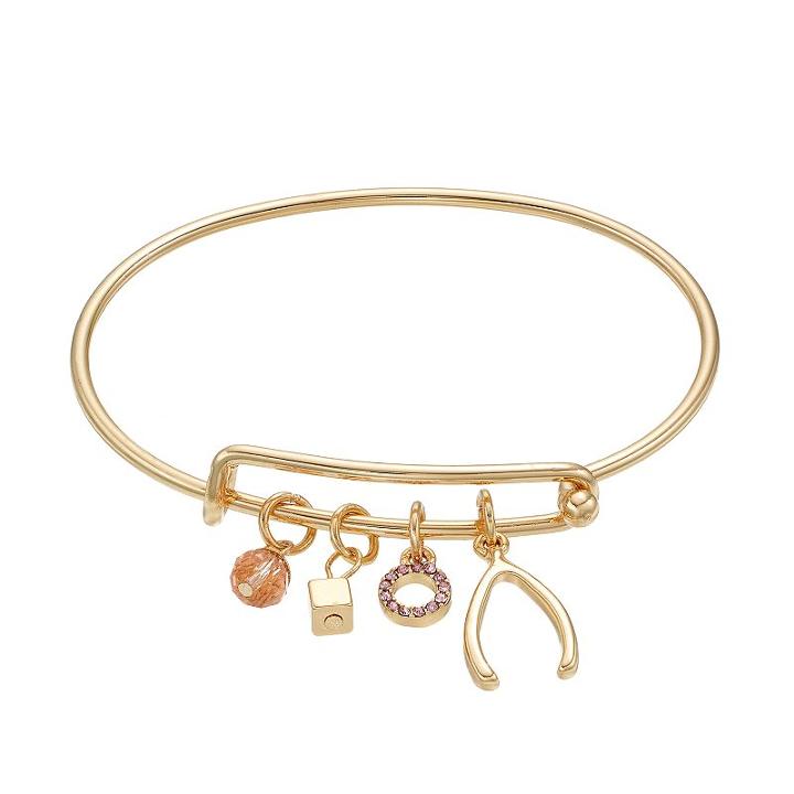 Wishbone & Cube Charm Adjustable Bangle Bracelet, Women's, Pink