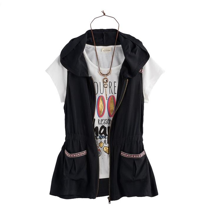 Girls 7-16 Self Esteem Hooded Vest & Graphic Tee Set With Necklace, Size: Small, Black