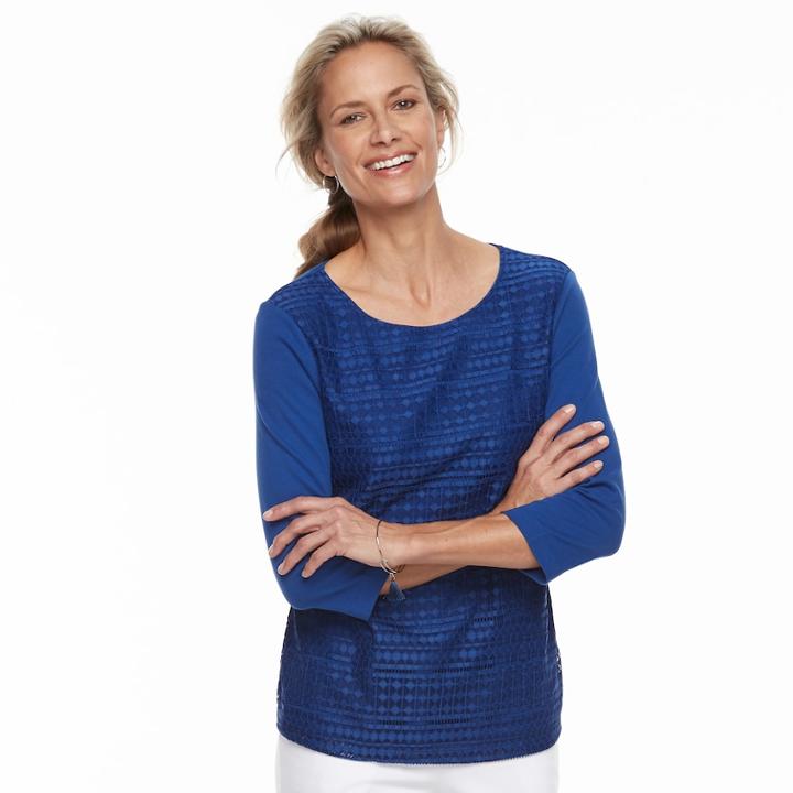 Women's Croft & Barrow&reg; Lace-front Scoopneck Tee, Size: Medium, Dark Blue