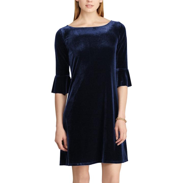Women's Chaps Stretch Velvet Fit & Flare Dress, Size: Large, Blue (navy)