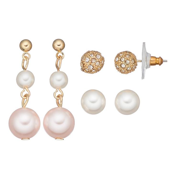 Croft & Barrow&reg; Fireball & Simulated Pearl Earring Set, Women's, Multicolor