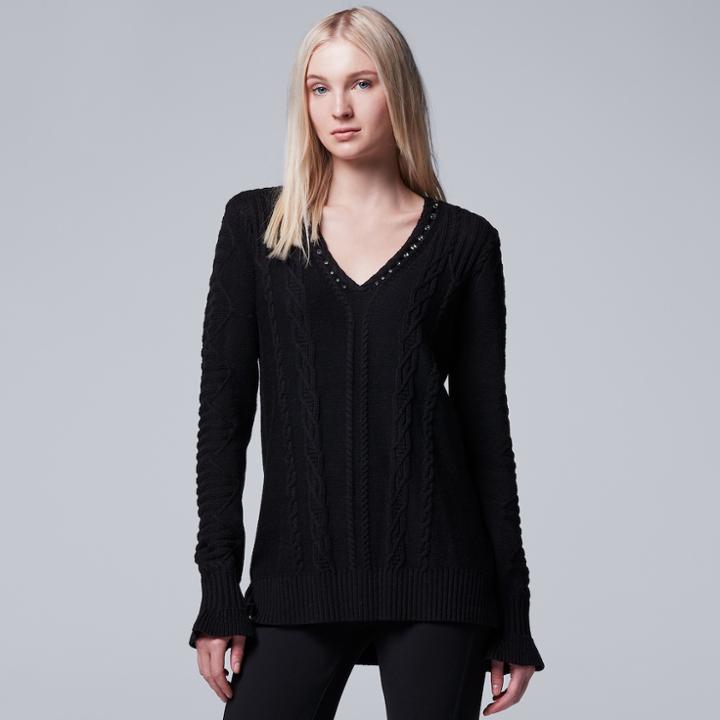 Women's Simply Vera Vera Wang Cable Knit V-neck Sweater, Size: Medium, Black