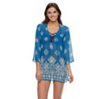 Women's Portocruz Floral Lace-up Chiffon Cover-up, Size: Large, Blue (navy)