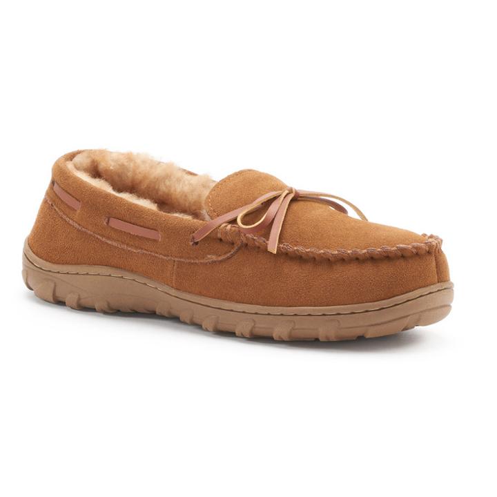 Men's Chaps Suede Moccasin Slippers, Size: Medium, Dark Beige