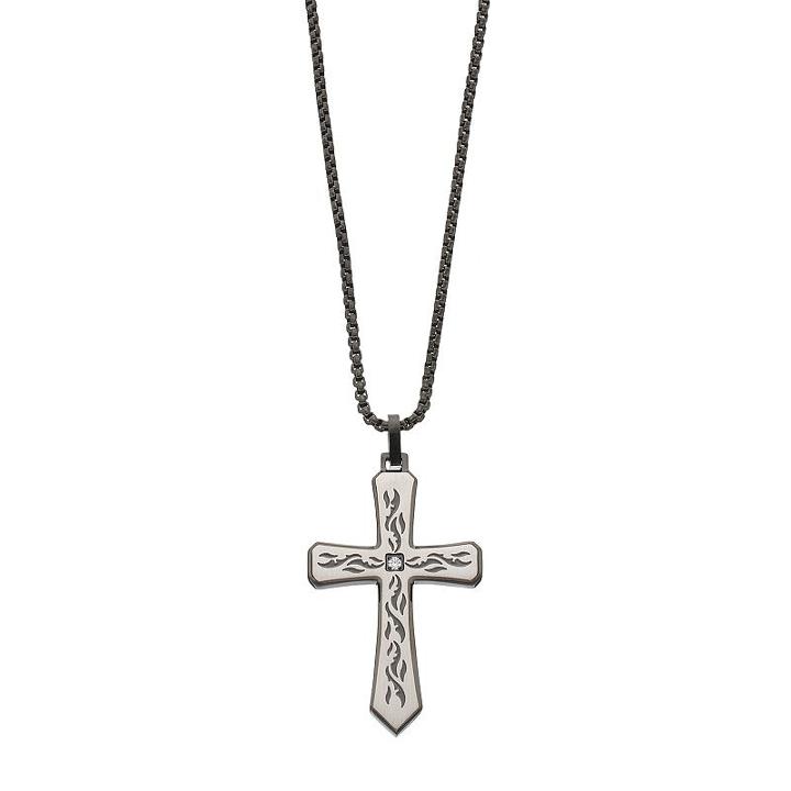Lynx Men's Two Tone Stainless Steel Cubic Zirconia Cross Pendant Necklace, Size: 24, White