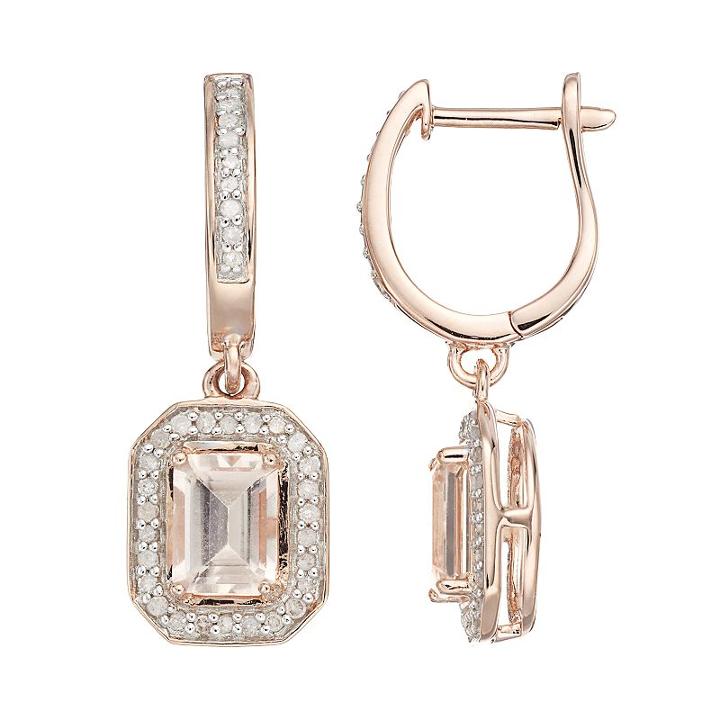14k Rose Gold Over Silver Morganite & 1/3 Carat T.w. Diamond Halo Drop Earrings, Women's, Pink