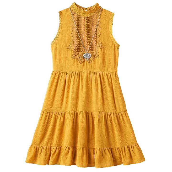 Girls 7-16 Knitworks Tiered Dress With Necklace, Girl's, Size: 14, Drk Yellow