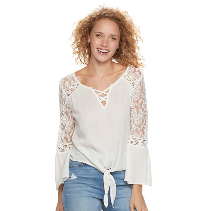 Juniors' Mudd&reg; Lace Shoulder Bell Sleeve Top, Teens, Size: Medium, White Oth