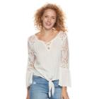 Juniors' Mudd&reg; Lace Shoulder Bell Sleeve Top, Teens, Size: Medium, White Oth