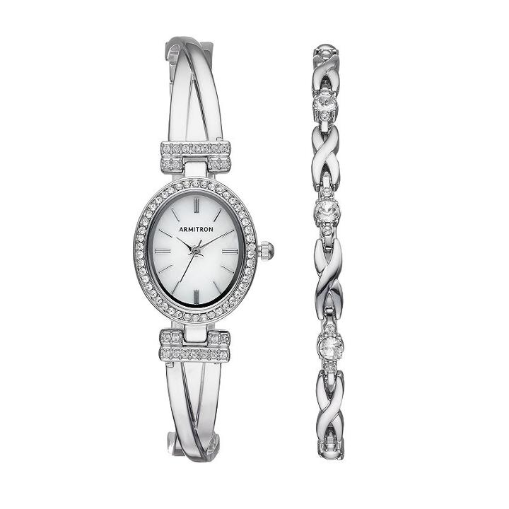 Armitron Women's Crystal Crisscross Half Bangle Watch & Bracelet Set - 75/5381mpsvst, Grey