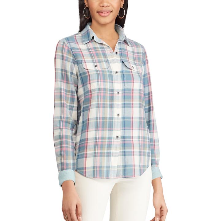 Women's Chaps Plaid Twill Button-down Shirt, Size: Xxl, White