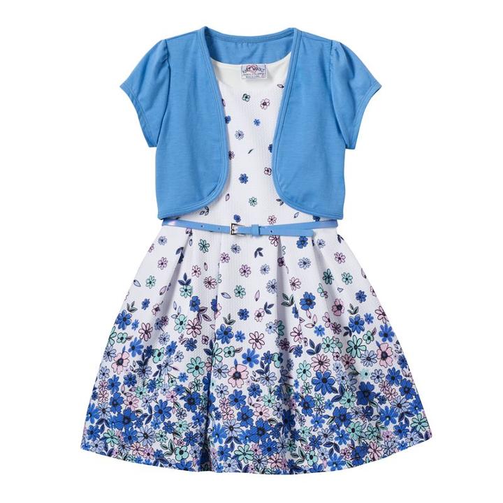 Girls 4-6x Short Sleeve Jacket & Floral Skater Dress With Belt, Girl's, Size: 6, Blue