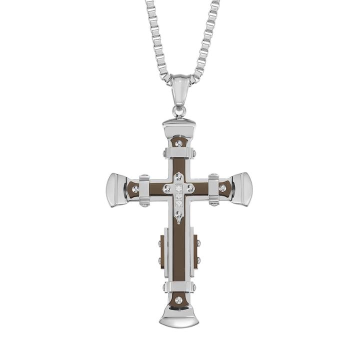 Men's Two Tone Stainless Steel Cubic Zirconia Cross Pendant Necklace, Size: 24, Black