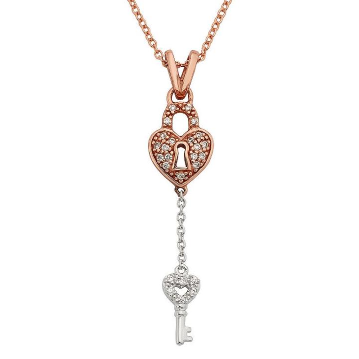 1/8 Carat T.w. Diamond Sterling Silver Two Tone Lock & Key Pendant, Women's, Size: 16, White