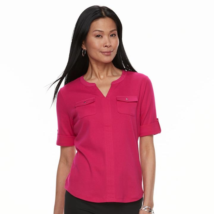 Petite Croft & Barrow&reg; Splitneck Button-tab Tee, Women's, Size: M Petite, Dark Pink