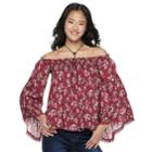 Juniors' Hint Of Mint Floral Off-the-shoulder Top & Necklace Set, Teens, Size: Medium, Dark Red