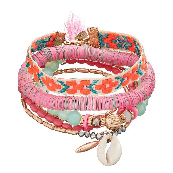 Mudd® Pink Bead, Disc, Shell & Embroidered Bracelet Set, Women's, Multicolor