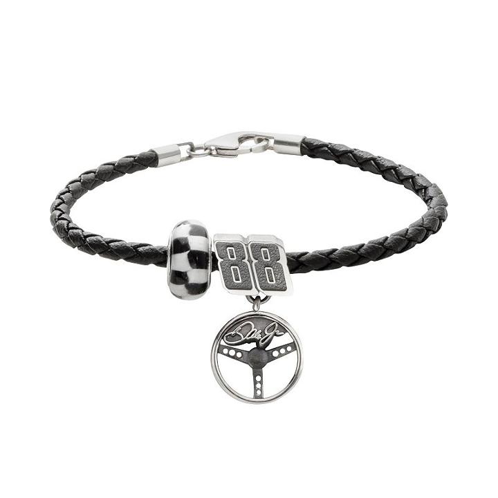 Insignia Collection Nascar Dale Earnhardt Jr. Leather Bracelet And Sterling Silver 88 Charm And Bead Set, Women's, Size: 7.5, Grey