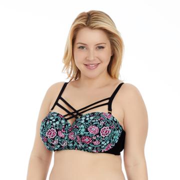 Plus Size Island Soul Curve Floral Strappy Bikini Top, Women's, Size: 1xl, Black
